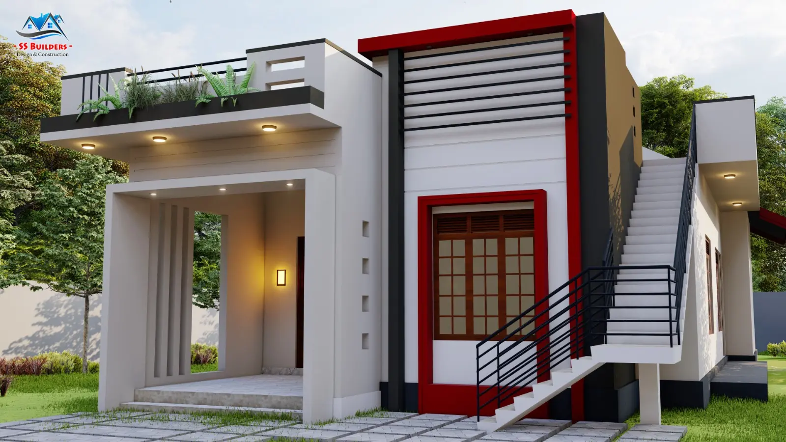 SS Builders red-accent single-storey house angled elevation in Sri Lanka