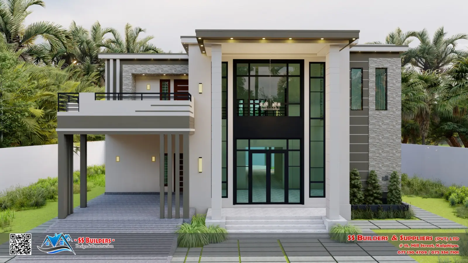 SS Builders luxury two-storey residence front elevation in Sri Lanka