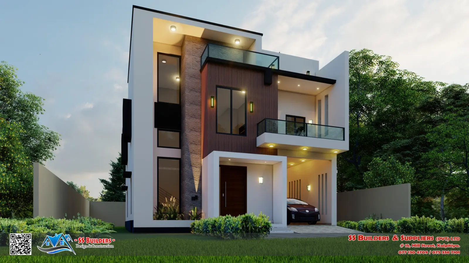 SS Builders compact two-storey residence front elevation in Sri Lanka