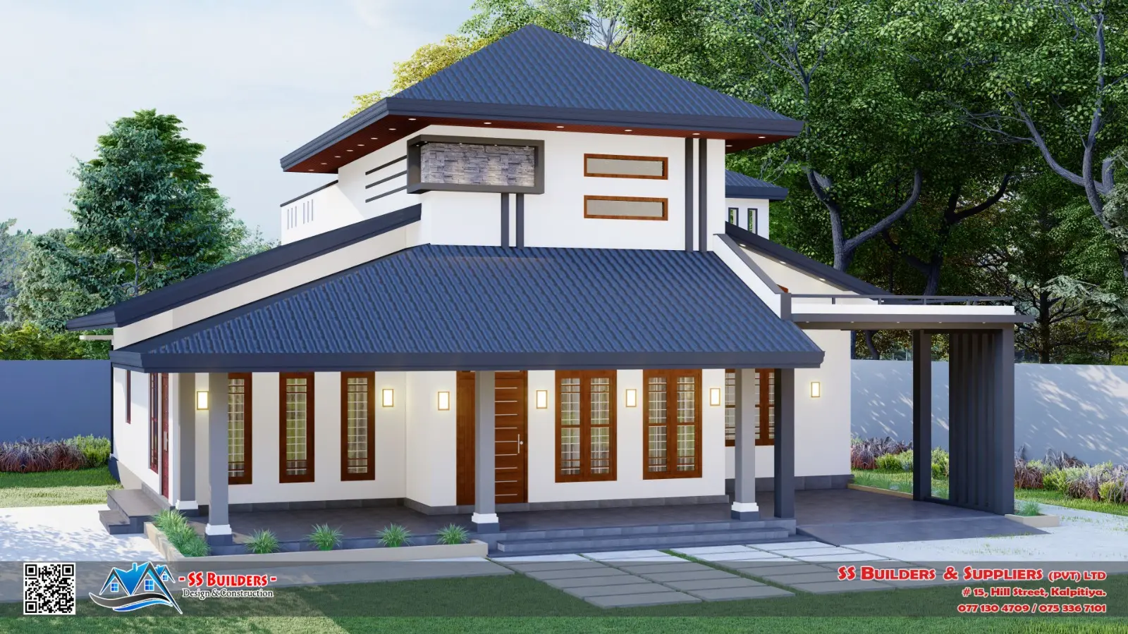 SS Builders modern tiled-roof single-storey house front view in Sri Lanka