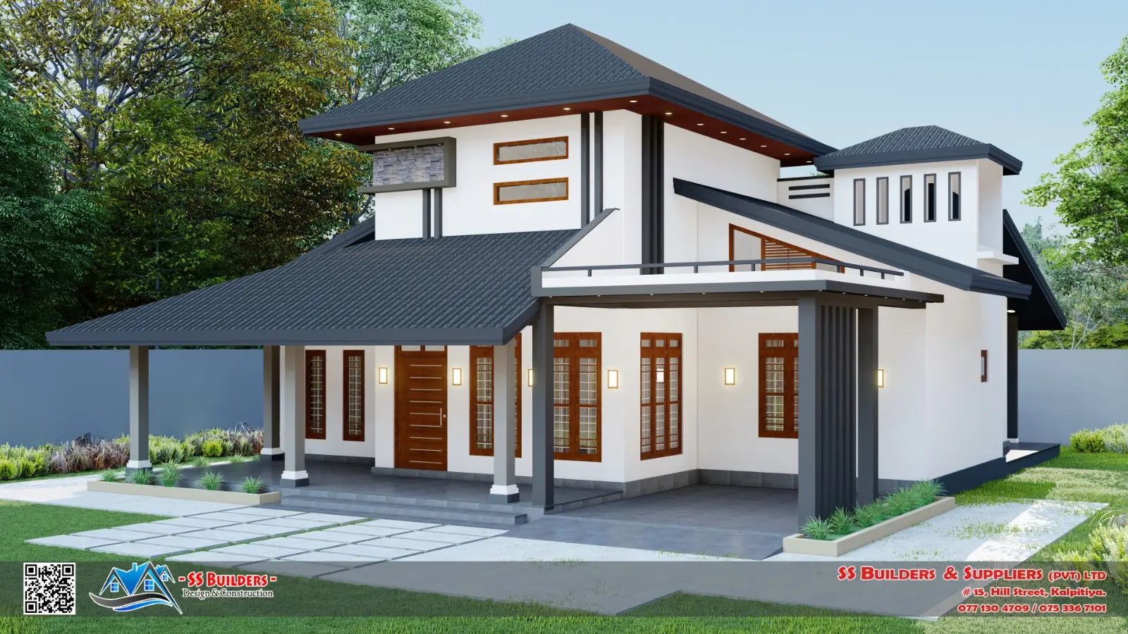 SS Builders modern tiled-roof single-storey house angled view in Sri Lanka